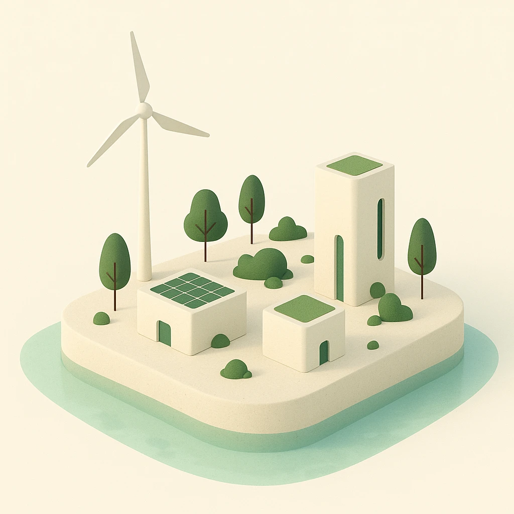 tiny minimalist solarpunk island, basic geometric eco-buildings, sparse greenery, a single wind turbine, futuristic but simple, clear water emoji