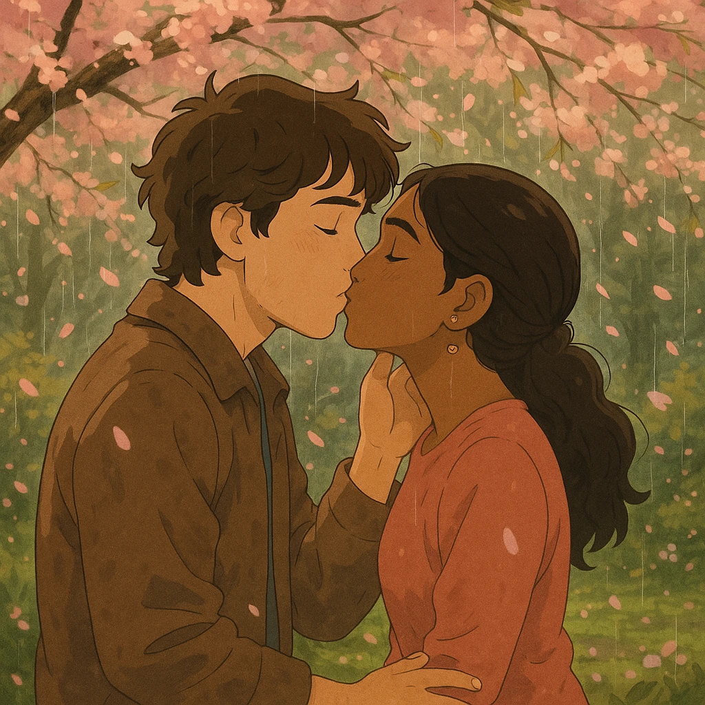Joel and Madhu sharing a gentle kiss under cherry blossoms in the rain, romantic, Ghibli style with delicate petals falling, soft rain, and warm emotional tone. emoji