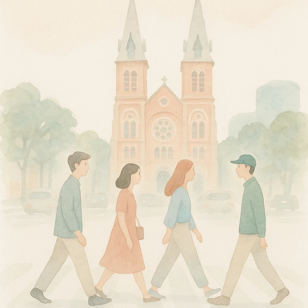 soft watercolor illustration in a minimalist modern style, a group of 4 people walking across a busy street, Saigon Notre Dame Cathedral in the background, pastel colors, delicate linework, gentle whimsical mood, minimal soft shading emoji