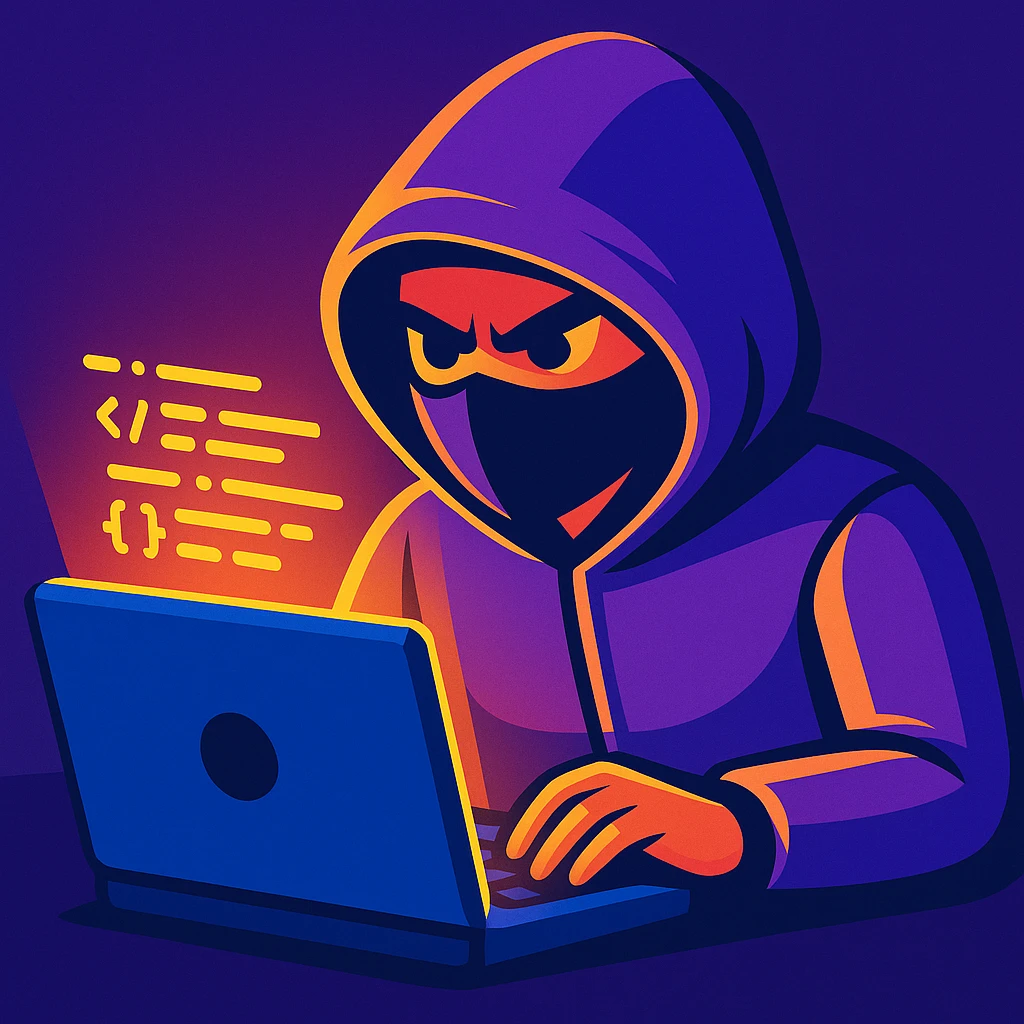 Show the purple-themed hacker actively coding on a laptop, with glowing code on the screen, keep the digital vibrant toon style emoji