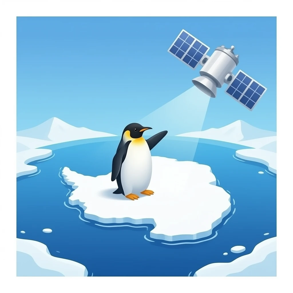 Антарктида из космоса: нарисуй в квадратной рамке Маленький белый материк с пингвином, на который с высока  направлен  спутника. emoji