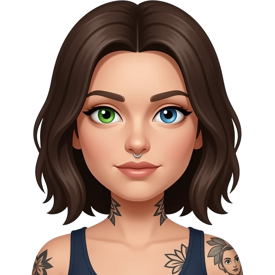 Brunette white woman with one green eye one blue eye tattoos a philtrum piercing and a thin streak of grey hair emoji