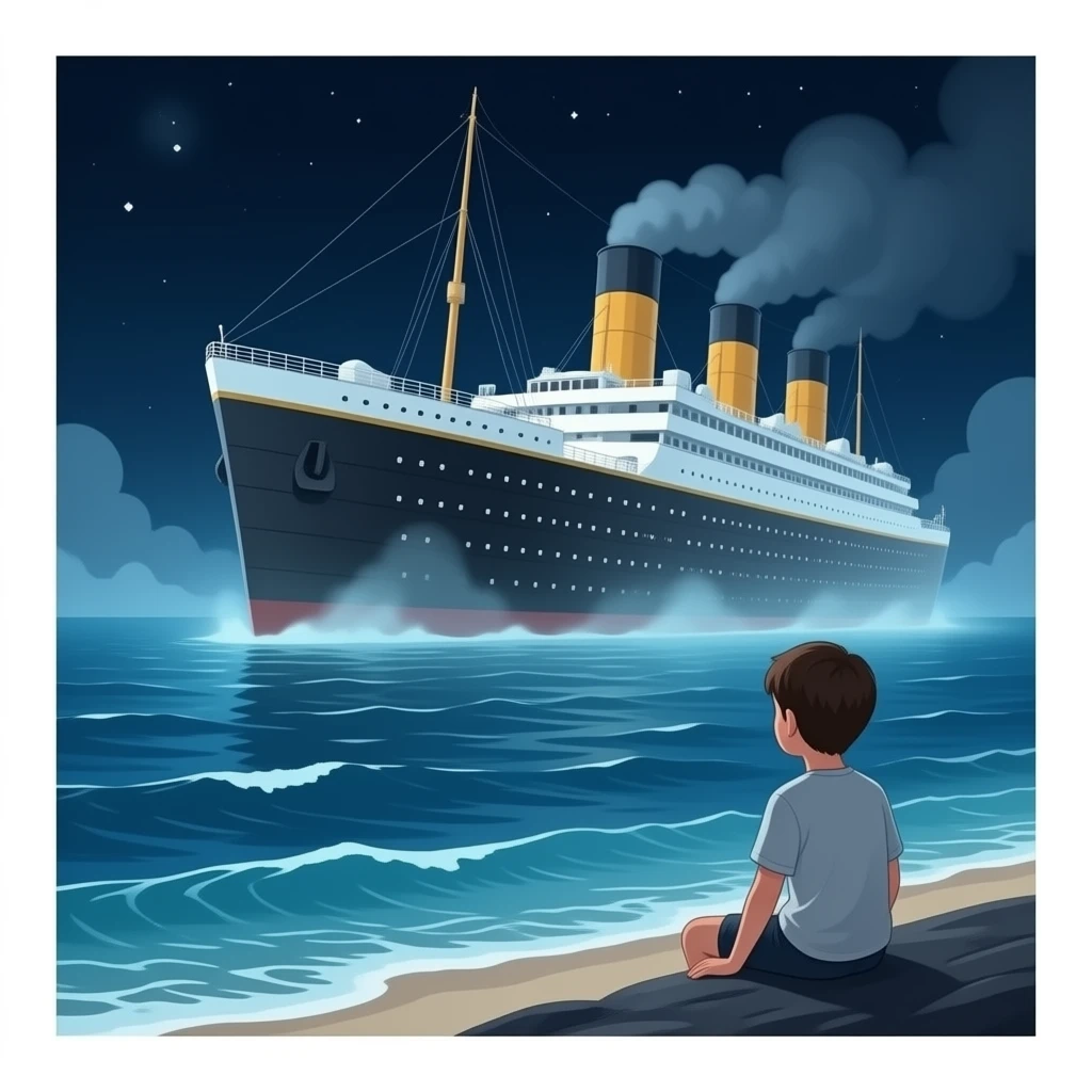 The ghostly ship Titanic hovers above the sea as a boy on the shore watches the scene emoji