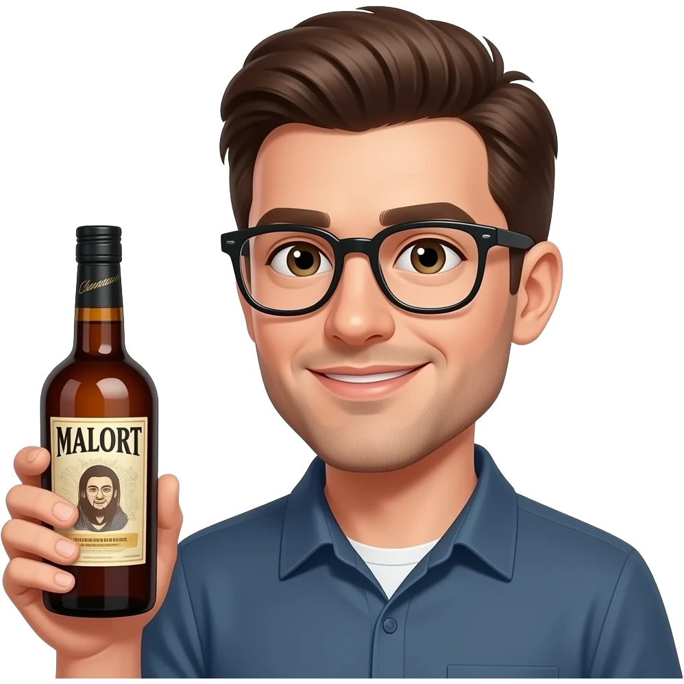brown haired guy with glasses holding Malort bottle emoji