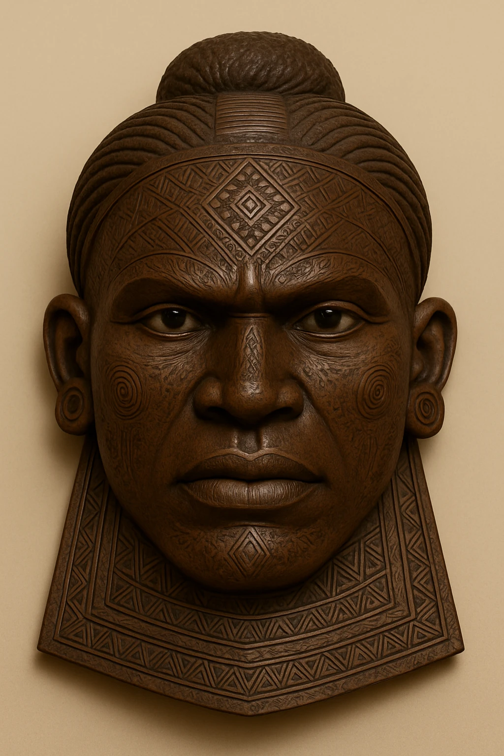 Transform this Mwana Pwo mask into a male version reflecting the Cokwe tribe's masculine mask style, with strong masculine features, traditional carved wood texture, tribal patterns, and cultural authenticity. Keep the background neutral and simple to highlight the mask as a cultural artifact. emoji
