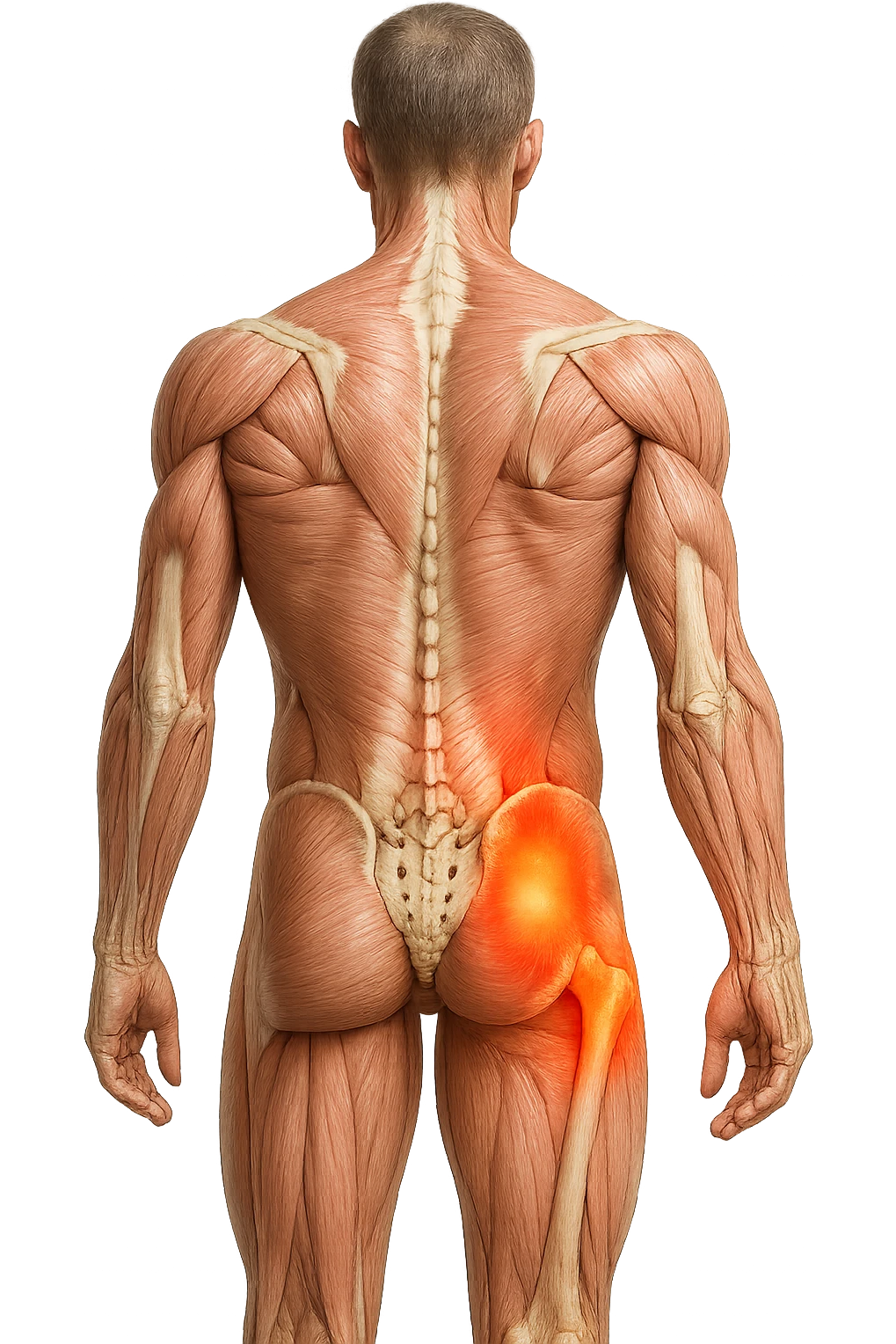 CORPO UMANO ANATOMICO A FIGURA INTERA REALISTICO DI SPALLE CON DOLORE ALLA LOMBARE INFIAMMATA, DOLORE ALL'ANCA, IPERREALISTICO 4K emoji