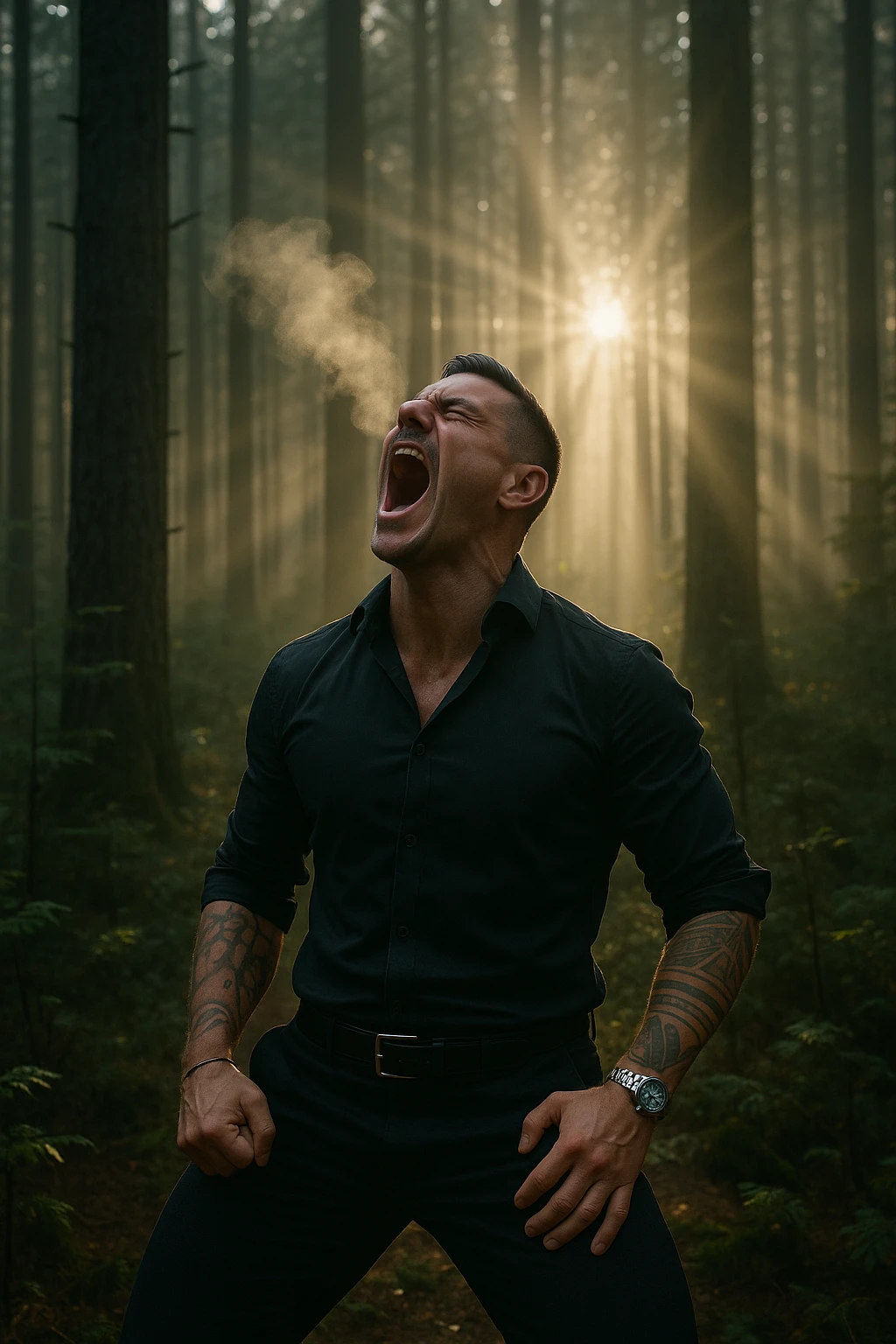 A man screaming towards the sky in a forest, with visible breath vapor and light rays shining through the trees, symbolizing the release of deep tension and the reclaiming of inner peace through cathartic screaming breathwork emoji