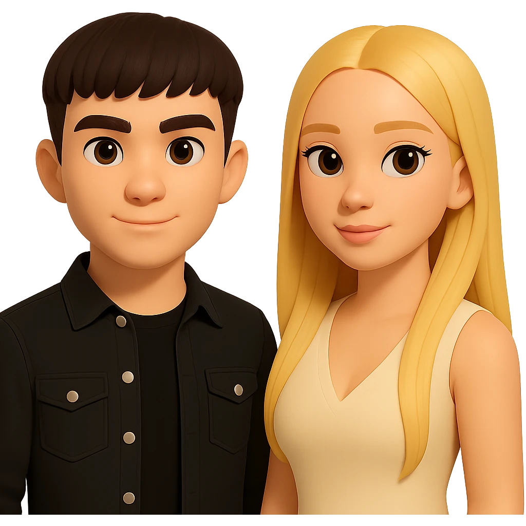 Slightly increase the volume of the upper body of the girl, significantly spread them apart from each other, make the skin color the same for both characters, keep the cartoon style, no background. emoji