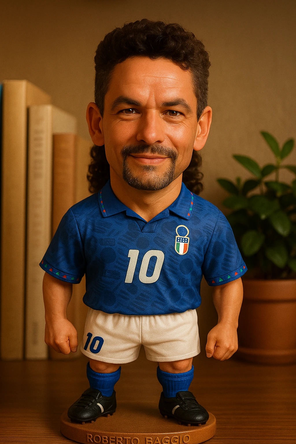 Роберто Банджо в форме сборной Италии 1994 смотрит на прямо на зрителя и слегка улыбается, освещение с левой верхней стороны кадра emoji