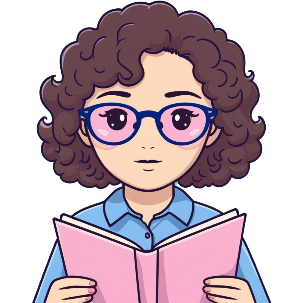 Una chica con el cabello rizado color castaño oscuro con una blusa azul unos ojos oscuros y unos lentes de lectura rosas pastel  emoji