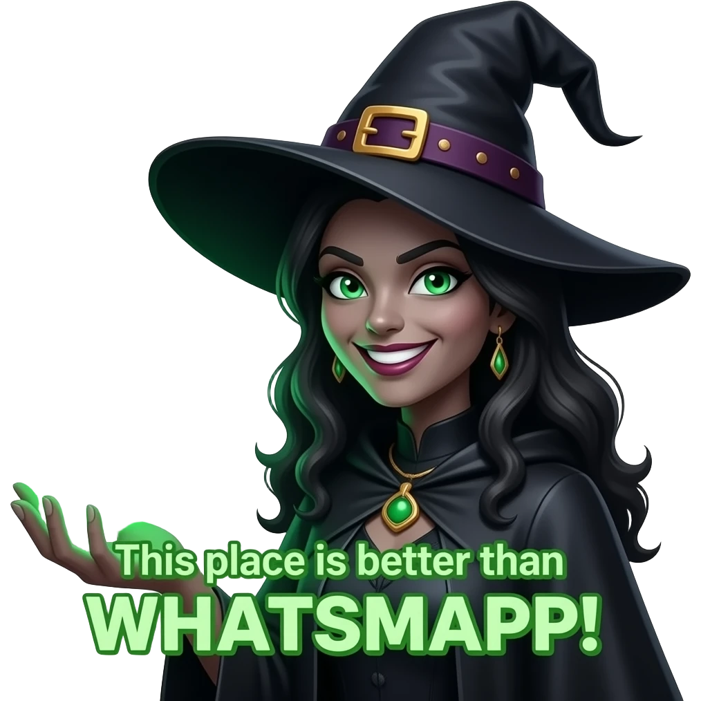 A dark sorcerer’s witch, evil smile, hand holding a WhatsApp logo burning with green magical flames. A liquid creams text over: "This place is better than WHATSAPP!". Cinematic lighting, high-contrast emoji emoji