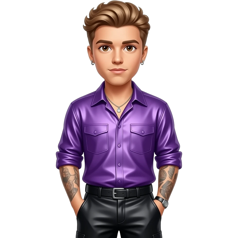 Justin Bieber with light brown hair, brown eyes, purple metallic shirt, black metallic baggy pants, necklace and earrings emoji