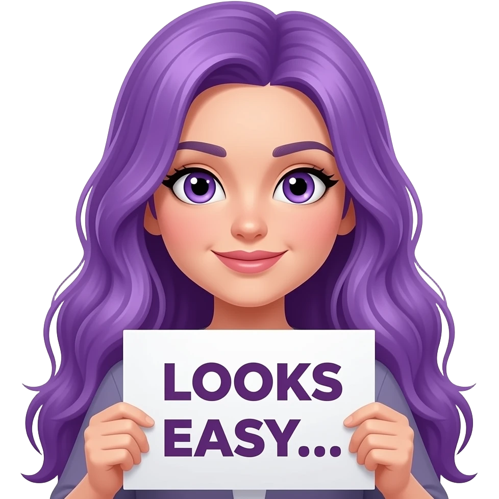 sexy girl with long purple hair and purple eyes holding a LOOKS EASY... sign emoji