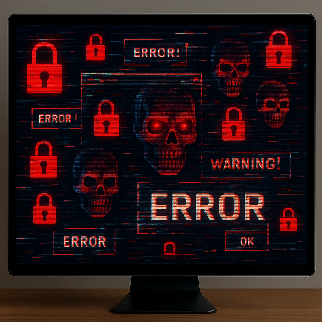 A computer screen overflowing with glitchy error messages, red padlocks, and menacing digital skulls, symbolizing a cyber security nightmare. emoji