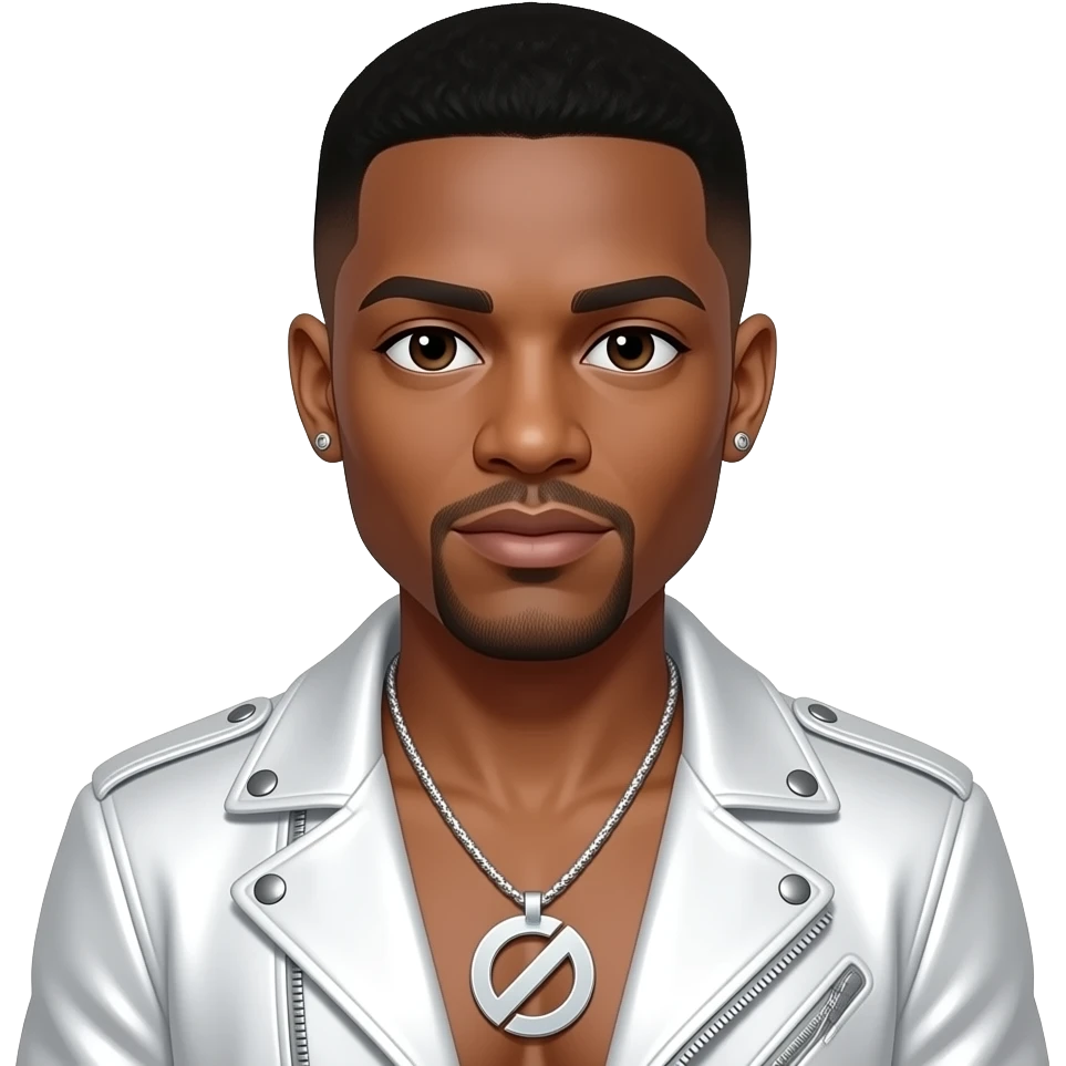 Ralph Tresvant from New Edition with dark brown eyes, short black fade hair, white metallic jacket, shirtless with necklace and earrings emoji