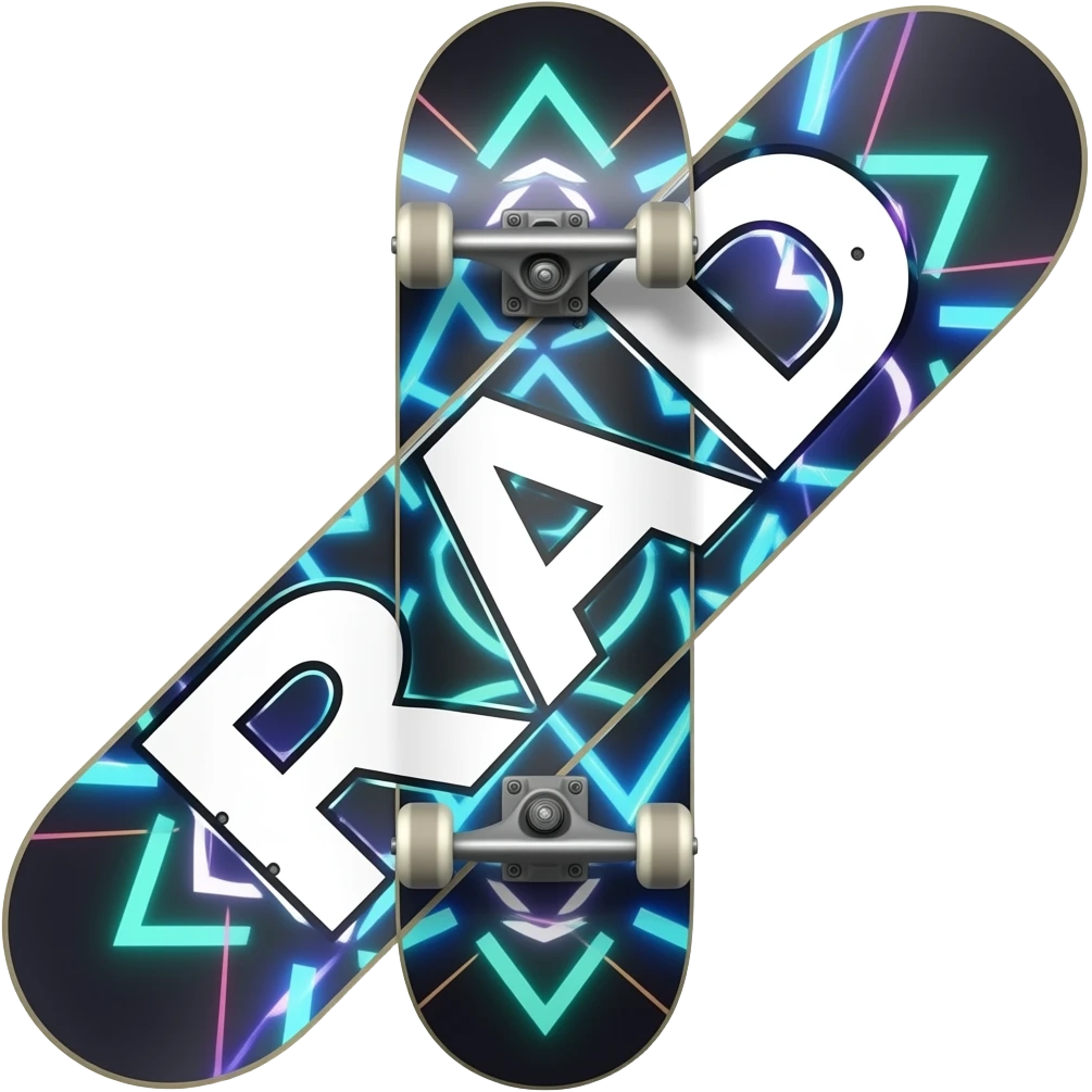 skateboard with RAD in capitals letters on the back with it & cool design emoji