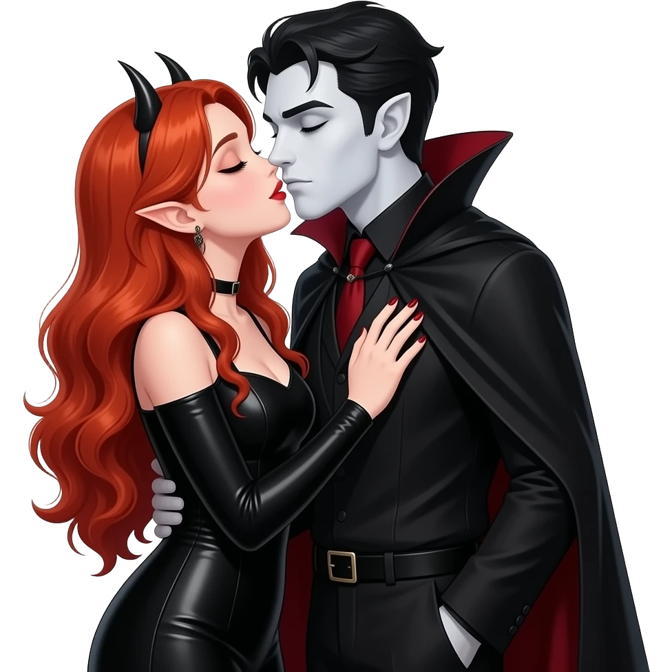 Vampiro femmina 12enne con pelle BIANCA capelli lunghi  rosso fuoco ondulati e che indossa una vestito stretto in vita e largo e lungo sotto nero con maniche lunghe e anfibi che arrivano alle ginocchia che bacia un vampiro MASCHIO con la pelle bianca al chiaro di luna emoji