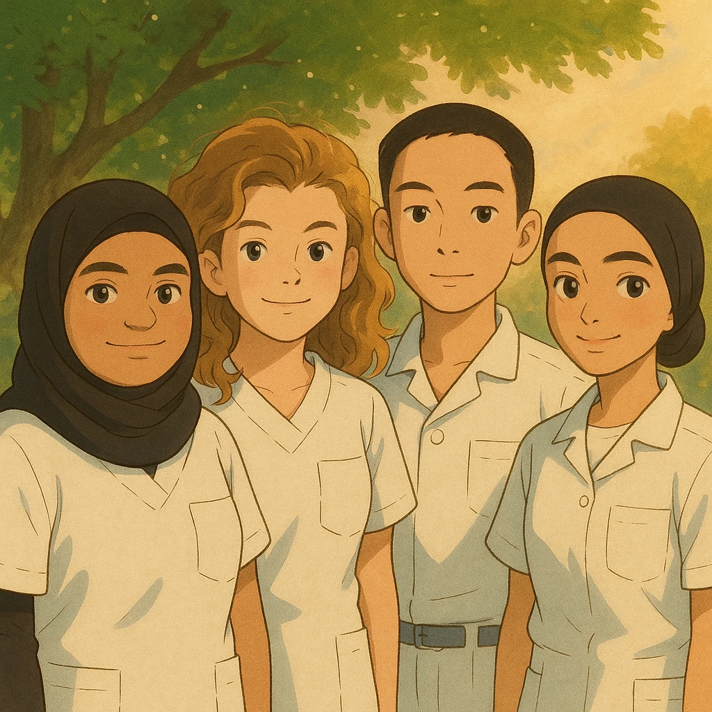Four nursing students standing side by side in a warm atmosphere, Ghibli style. They wear white short-sleeved uniforms with medical tunic tops featuring V-neck collars and left chest pockets. No undershirts or stethoscopes. Faces and attitudes inspired by the four provided photos, version 3. emoji