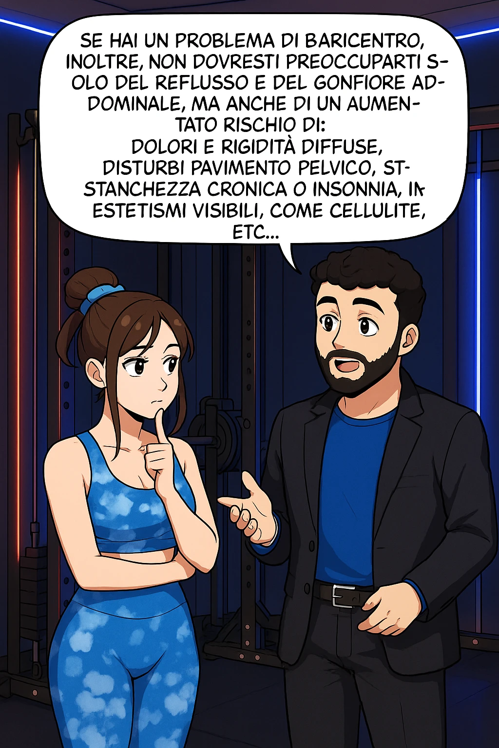 TRASFORMA QUESTO CAROSELLO IN UN FUMETTO STILE WEBTOON/MANGA A COLORI CON QUESTE DUE PERSONE IDENTICHE CHE INTERLOQUISCONO TRA LORO, L'uomo sta spiegando alla donna questo concetto MENTRE LA DONNA SI TIENE L'INDICE SUL MENTO ASCOLTANDOLO PENSIEROSA:

Se hai un problema di baricentro, inoltre, non dovresti preoccuparti solo del reflusso e del gonfiore addominale, ma anche di un aumentato rischio di:
    • dolori e rigidità diffuse
    • disturbi pavimento pelvico
    • stanchezza cronica o insonnia
    • inestetismi visibili, come celluluite
    • etc… emoji