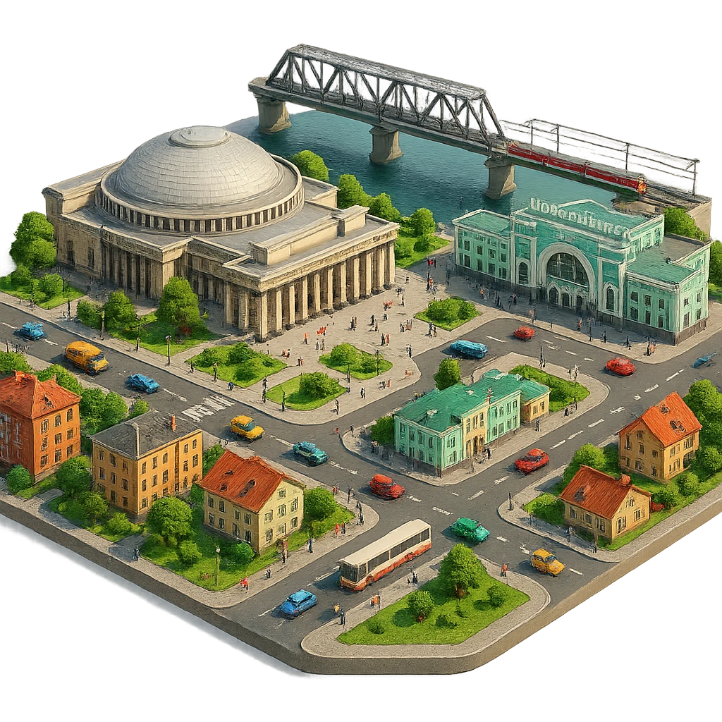 Изометричная миниатюрная фотореалистичная 3D модель Новосибирска - Опера, Вокзал, мост через Обь, дома, четкая детализация, яркие цвета, мультяшный реализм, люди, автотранспорт, компактная композиция, вид сверху в изометрии, прозрачный фон emoji