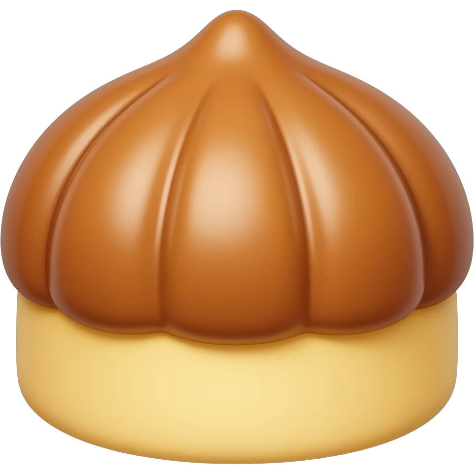 kawaii butter cake emoji, chestnut-shaped butter cake with a slightly pointed dome top, three deep finger-pressed ridges on the surface, caramelized butter crust texture, baked golden brown color, matte baked surface not glaze, fluffy cake base, solid cake with no hole, thick outline emoji