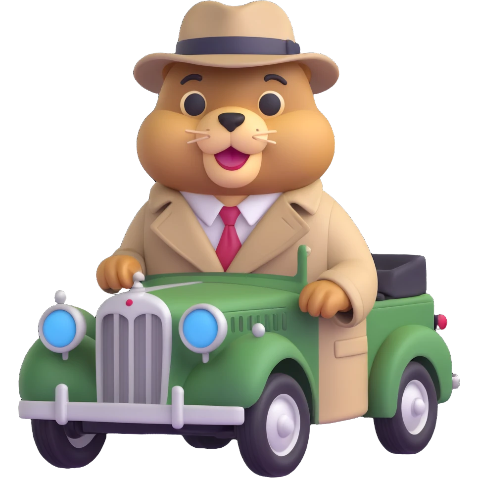 3D emoji style beaver leaning against a vintage car, wearing a trench coat and hat, gangster attitude emoji