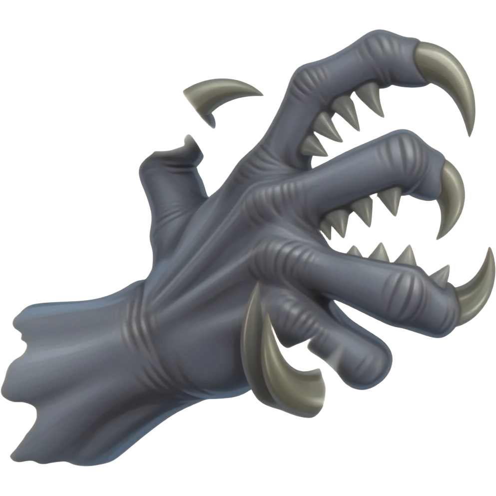 Long dark Demonic hand with sharp claws. Make the hand reach out to attack and slash towards the right of the image violently. Shift the perspective to a side profile to show the curvature and length of the claws more clearly. emoji