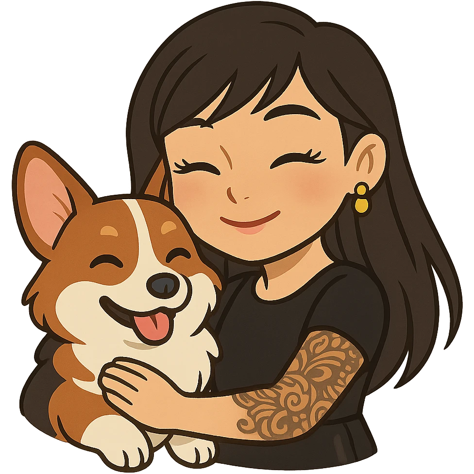 Ghibli-style emoji of an Asian girl with long hair and wispy deep side bangs, wearing a black leather dress, gold earrings, false lashes, and a 3/4 sleeve tattoo on her left arm, hugging a happy red head tri-color corgi, simplified, clear, emoji-like emoji