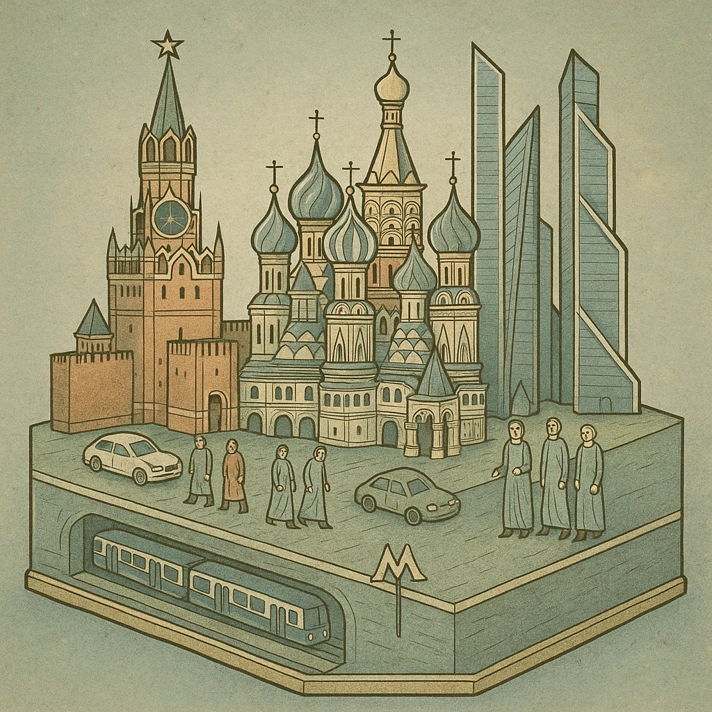 Изометричная миниатюрная 3D модель Москвы на подставке - фотореалистичный Кремль, собор Василия Блаженного, Башни Москва-Сити, аккуратная детализация, яркие цвета, мультяшный реализм, гуляют люди и современный автотранспорт и метро, компактная композиция, вид сверху в изометрии emoji