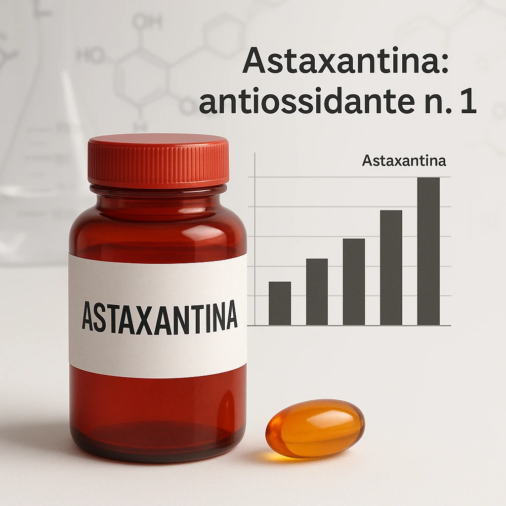 hyper realistic red bottle labeled 'Astaxantina' with orange and golden capsule next to it, bar chart showing Astaxantina on top, Italian text 'Astaxantina: antiossidante n.1', scientific atmosphere, white background emoji