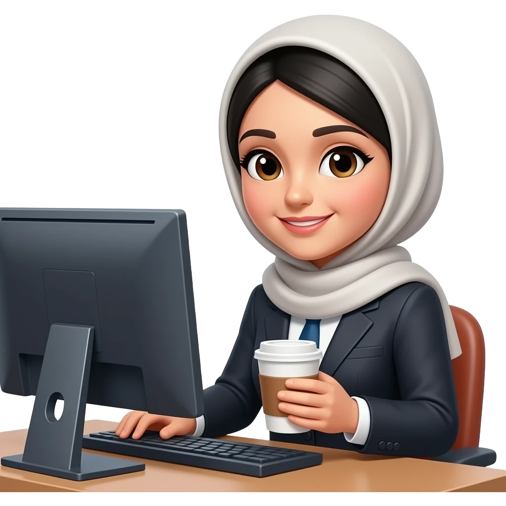Secretary women with hijabblack hair computer and drinking coffee emoji