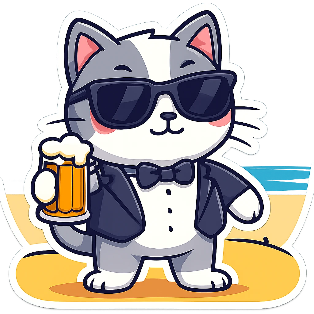 Add sunglasses to the cat in a tuxedo drinking beer on the beach in sticker style, cartoonish and bold with clear outlines and vibrant colors. emoji