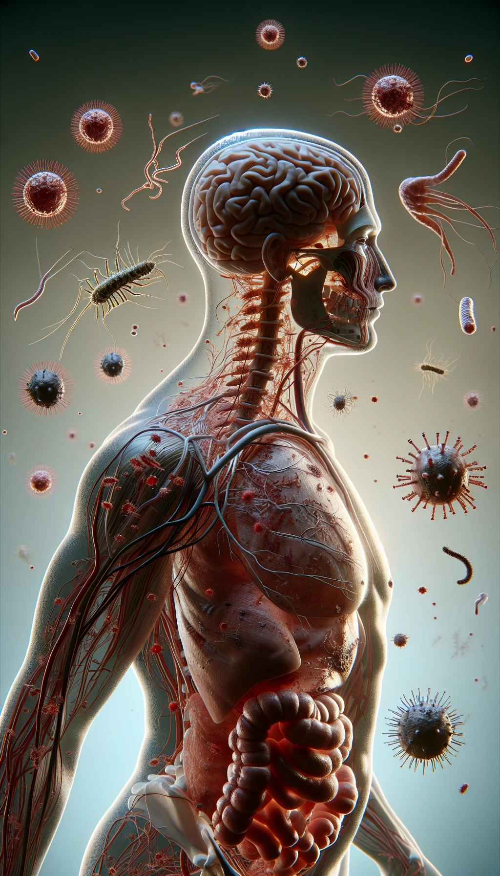 corpo umano anatomico di profilo con virus e parassiti che cercano di attaccarlo , sfondo neutro chiaro, iperrealistico 4k emoji