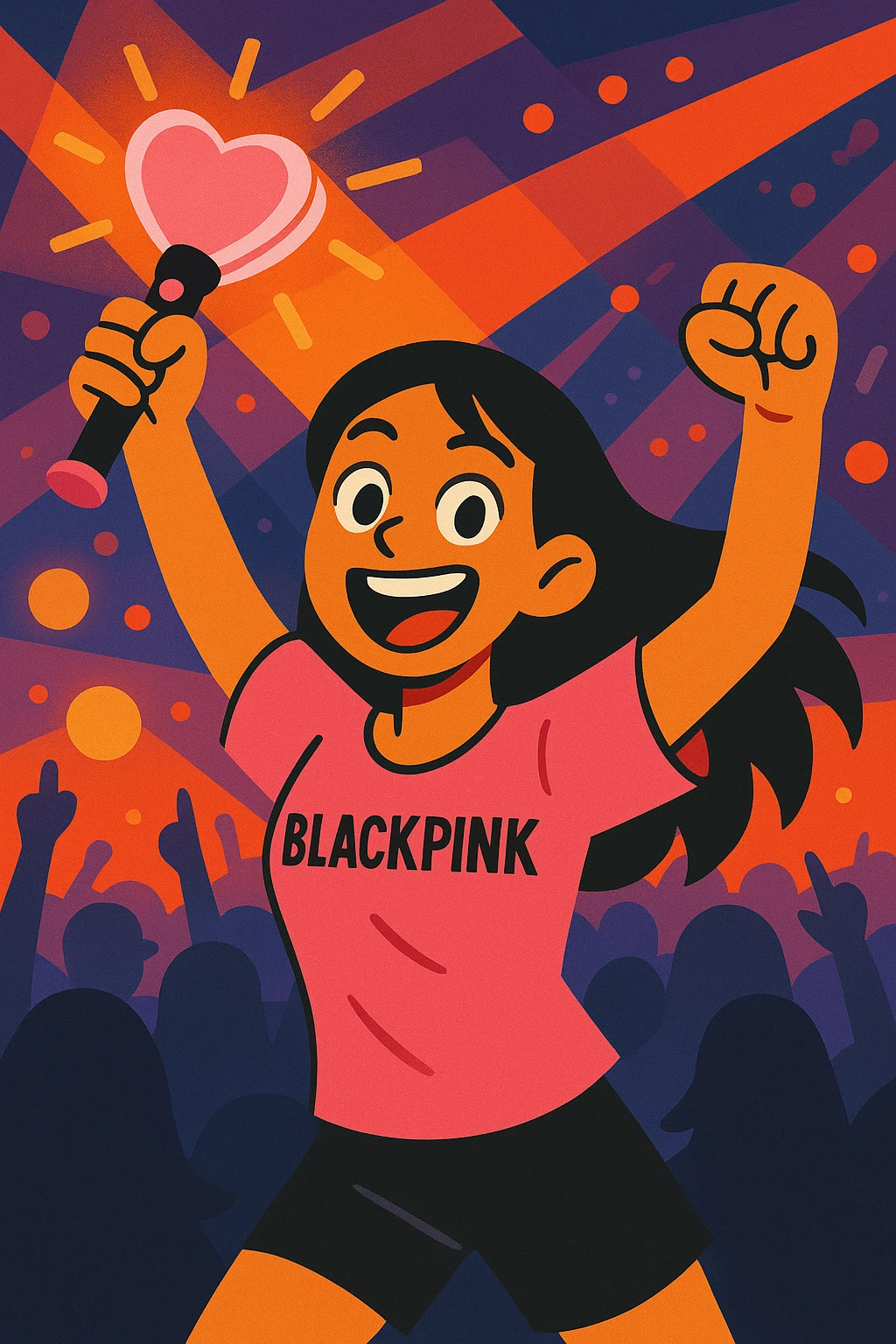 energetic and lively BLACKPINK fan with good stamina, holding a BLACKPINK lightstick, concert atmosphere, vibrant toon style emoji