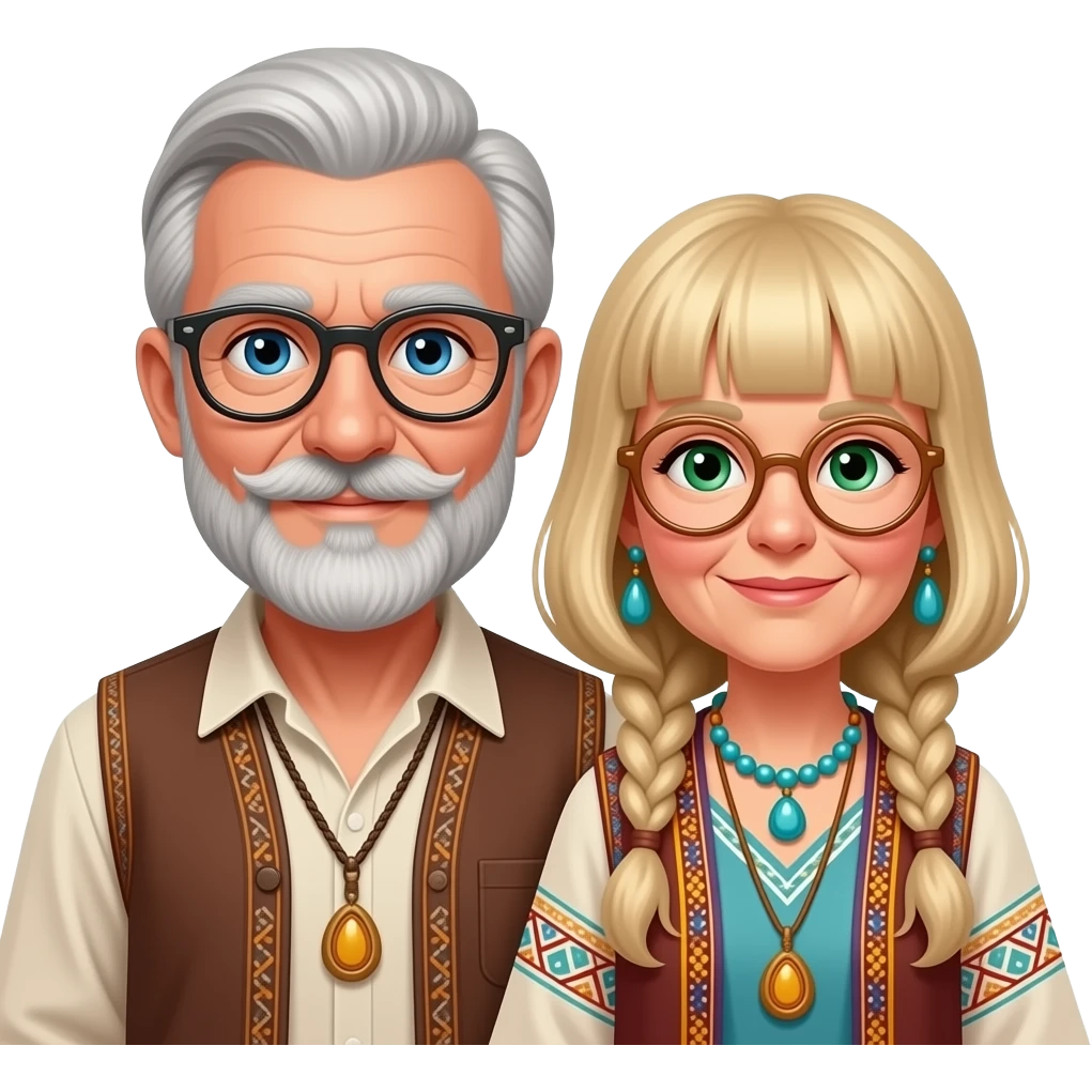 Emoji of a senior man  with blue eyes a beard mustash wearing glasses with a senior  lady dressed in hippie bohemian with blonde hair glasses with bangs  glasses  green eyes  dressed hippie  bohemian style emoji