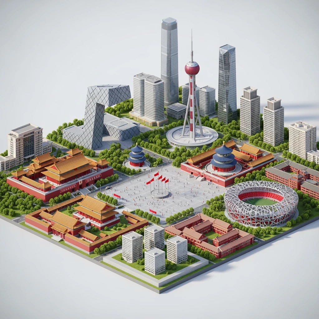 Isometric miniature of Beijing Forbidden City, Tiananmen Square, CCTV Headquarters, Temple of Heaven, China Zun skyscraper, Bird’s Nest Stadium, Beijing apartment blocks, 3D miniature effect and Tilt Shift effect, no cartoonish look, transparent background, don't cut angles emoji