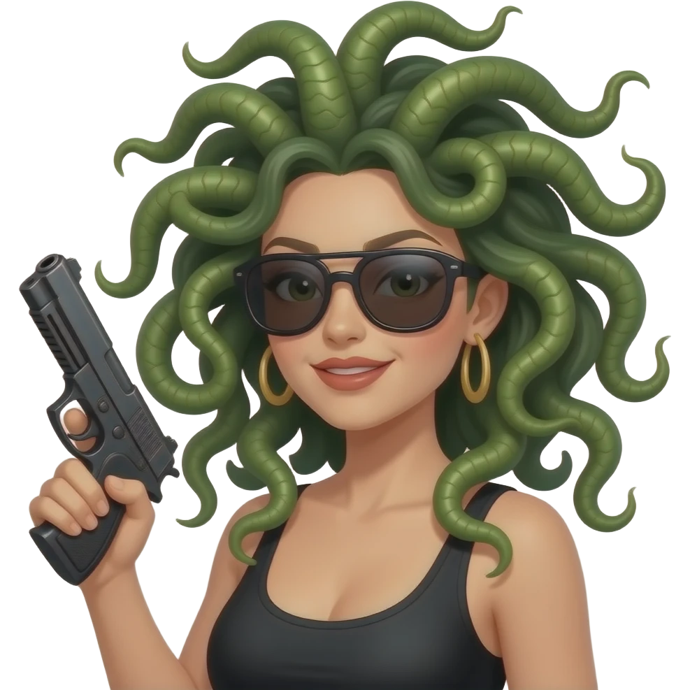 Flirty Beautiful Medusa with sunglasses holding gun emoji