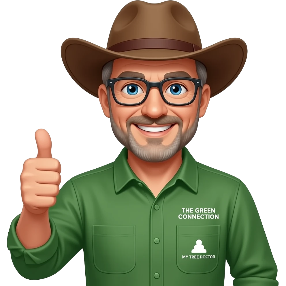 wide-smiling middle-aged man blue eyes. Dark rectangle glasses, green-collared, long-sleeve shirt, thumbs up.  Wide-brim brown Australian Akubru hat.  Insert 'THE GREEN CONNECTION' in white directly onto the right side pocket & 'MY TREE DOCTOR' onto the left side pocket emoji