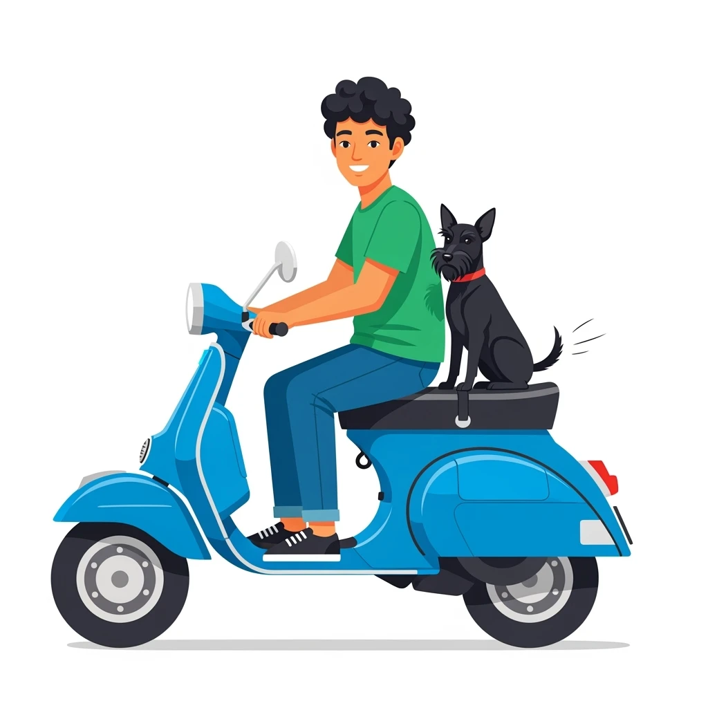 vector art of a man and his pet dog riding a vespa, for website design  emoji