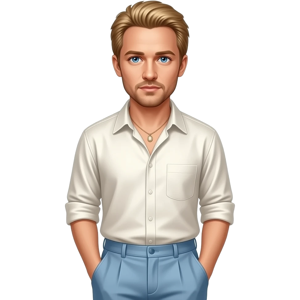 Heath Ledger with sapphire blue eyes, golden blonde hair, ivory metallic shirt, light steel blue baggy pants, necklace emoji