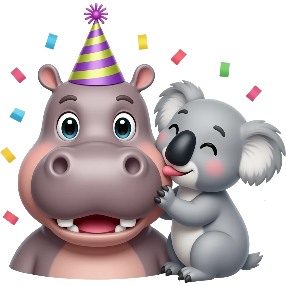 Hippo face birthday! Party hat and confetti and happy on its birthday and all the accessories and celebrations with koala giving it kiss on cheek celebrating emoji