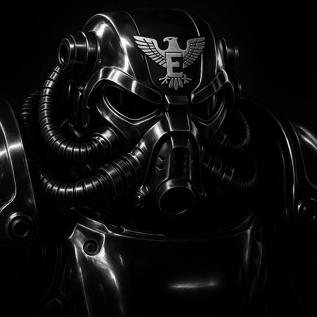 Add the Enclave logo clearly visible on the helmet of the X-01 power armor. Preserve the shiny chrome, sci-fi aesthetic with bold shadows enhancing the helmet's shape and the logo's impact. emoji
