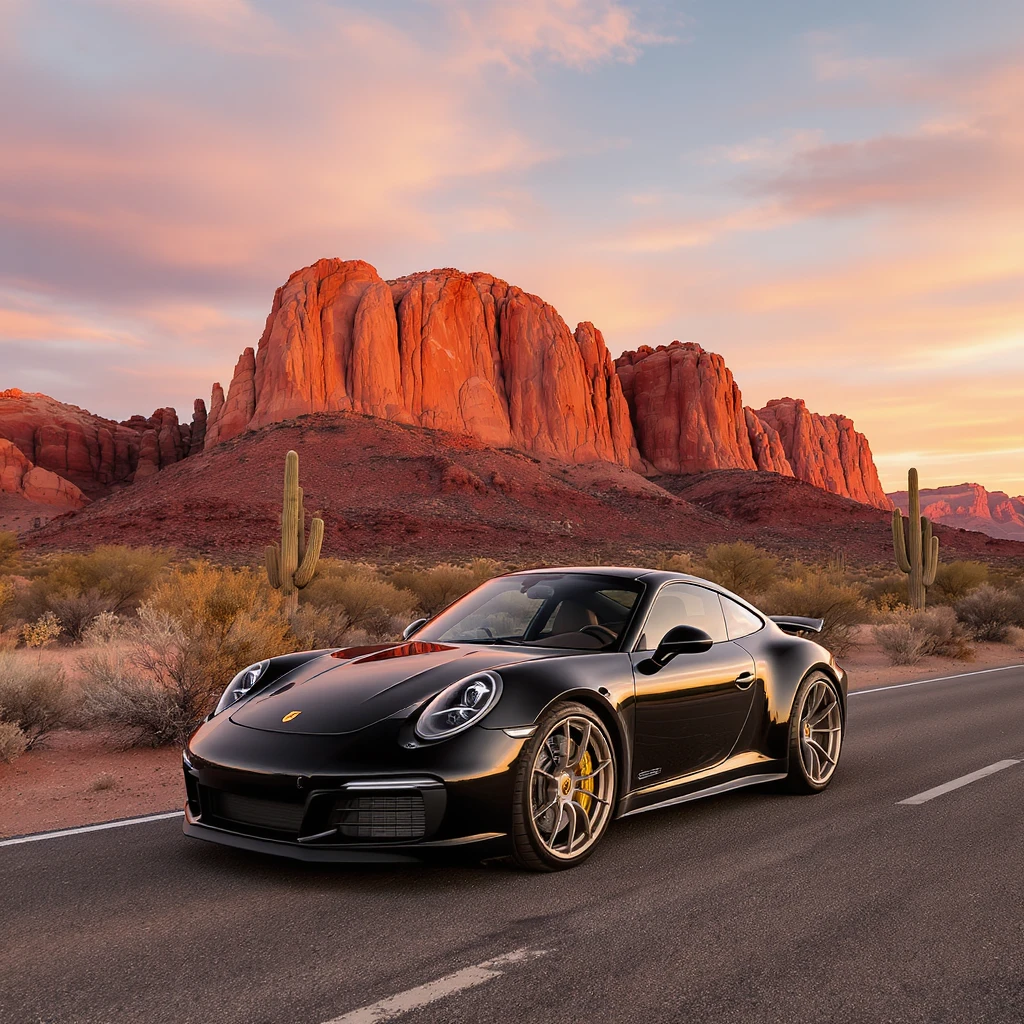 A modern desert mountain, wallpaper, modern, porsche 911, sunset, arizona desert emoji