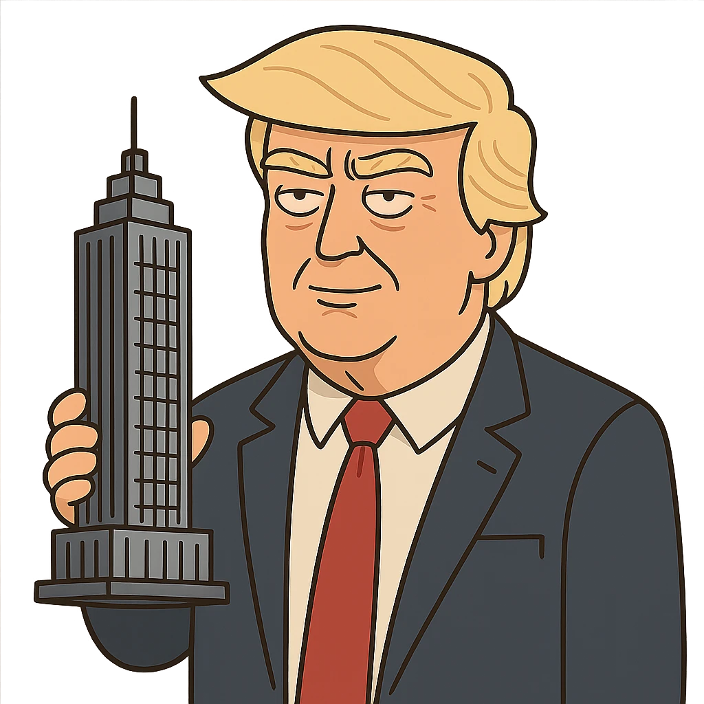 Donald Trump as a real estate owner cartoon style holding a skyscraper model wearing a suit and red tie emoji