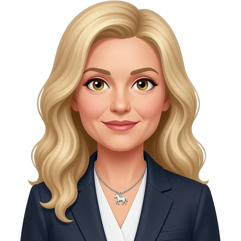 female, blonde hair, very long wavy hair, hazel eyes, mid 30's, silver horse necklace, hair slide in left side, accountant emoji
