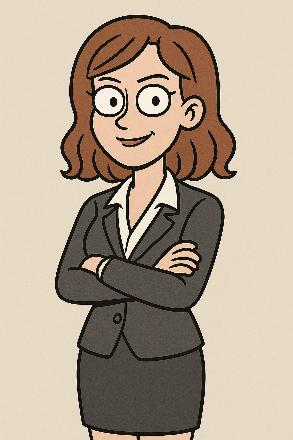 corporate girl, medium length straight wavy hair, cartoon effect, arms crossed, professional look, minimal background emoji