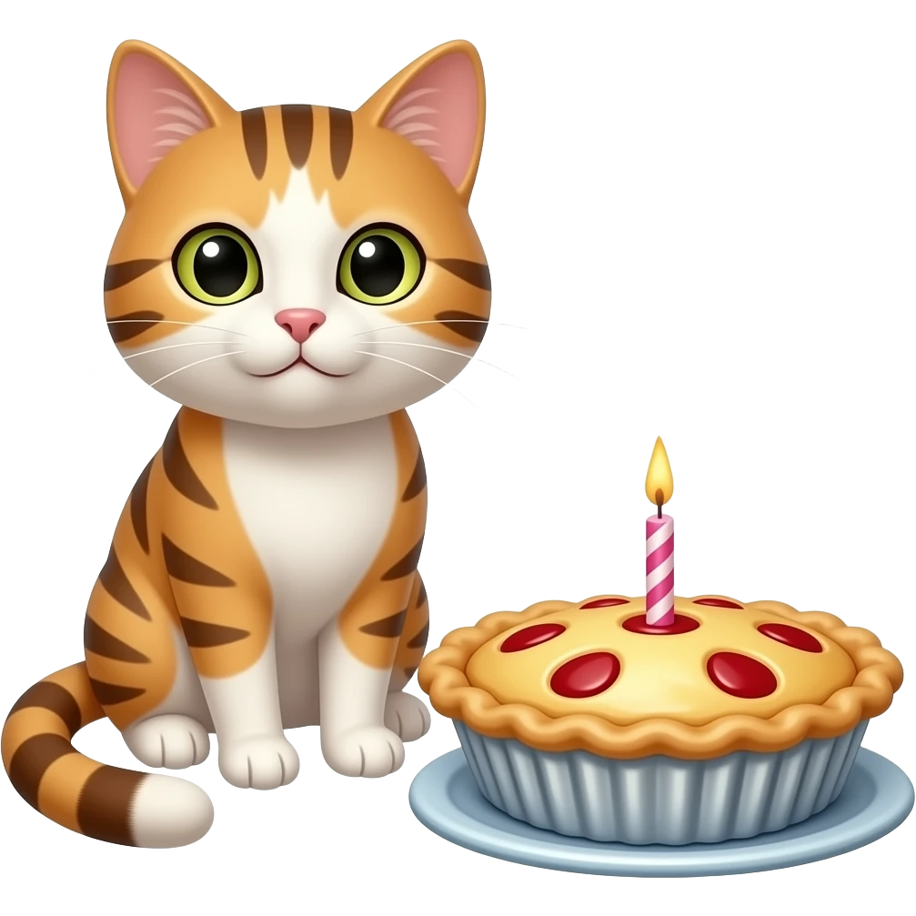 cat next to a pie with a birthday candle emoji