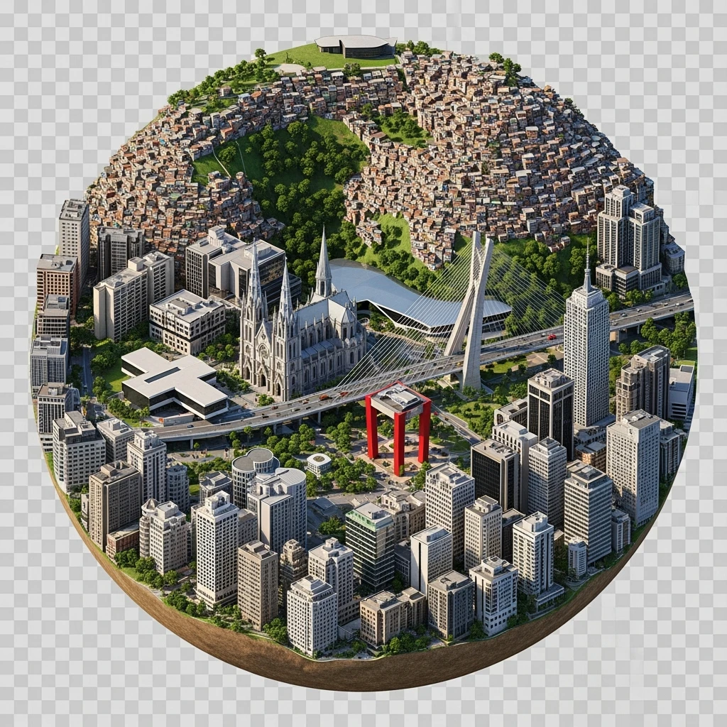 Isometric сircle miniature of São Paulo Catedral da Sé, MASP on red pillars, Octávio Frias Bridge, and Altino Arantes building, favelas on hillsides, dense chaotic urban blocks, and green parks 3D miniature effect and Tilt Shift effect, no cartoonish look, transparent background. emoji