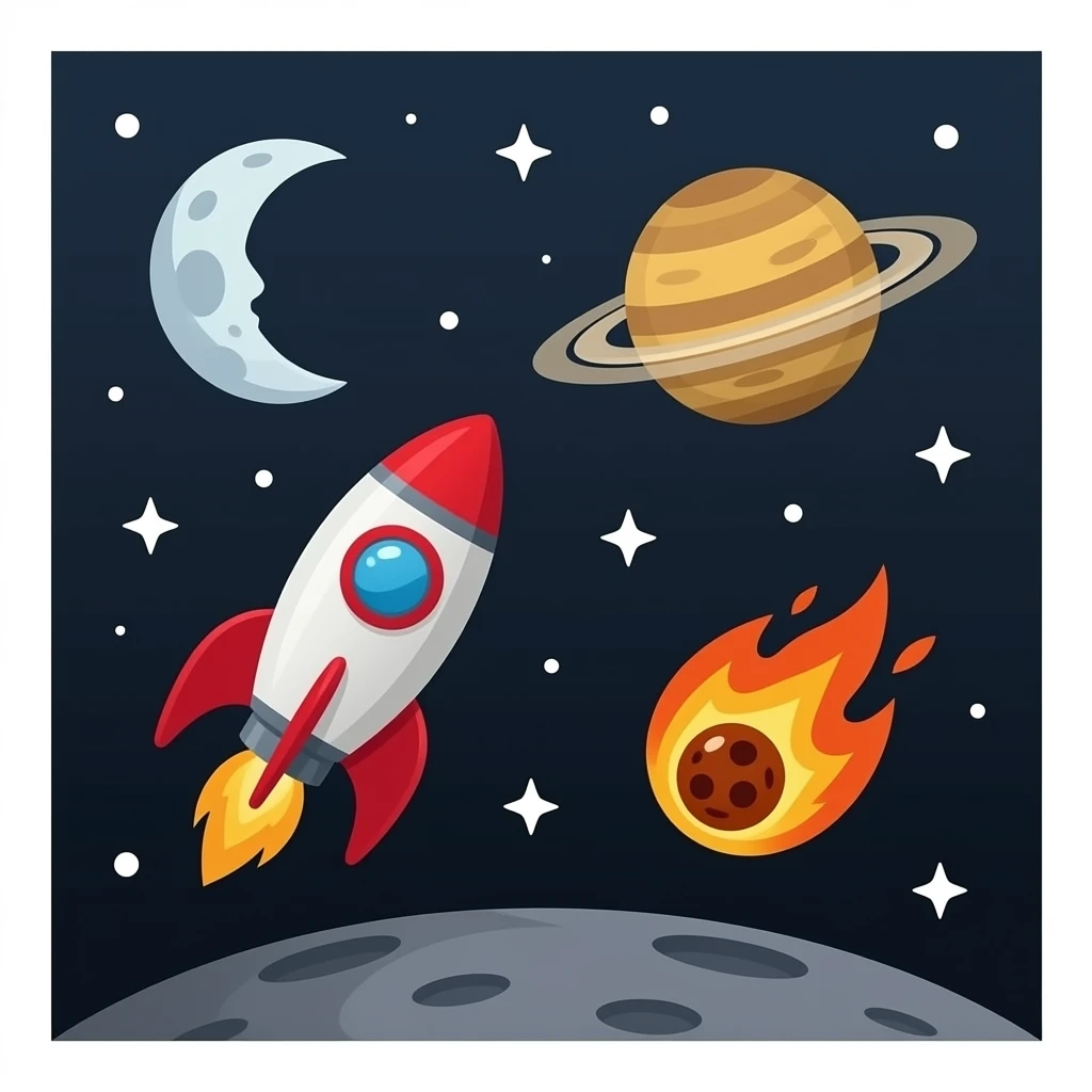 A minimalist flat-lay space scene on a solid pitch-black background. Scattered 2D vector-style space elements including a red rocket ship, a ringed planet, a crescent moon, a small sun, and a flaming meteor. Sprinkled with simple white 4-pointed stars and small white dots. emoji