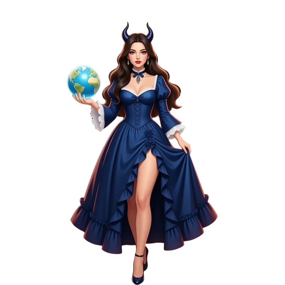 a seductive demonically beautiful woman in a long dark blue Victorian dress with a deep neckline holds a radiant globe in her hand and steps out of a circle of fire emoji